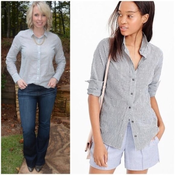 J. CREW Embellished Jeweled Button Down Striped Shirt Holiday Top Blue Gray 0 - Picture 3 of 7